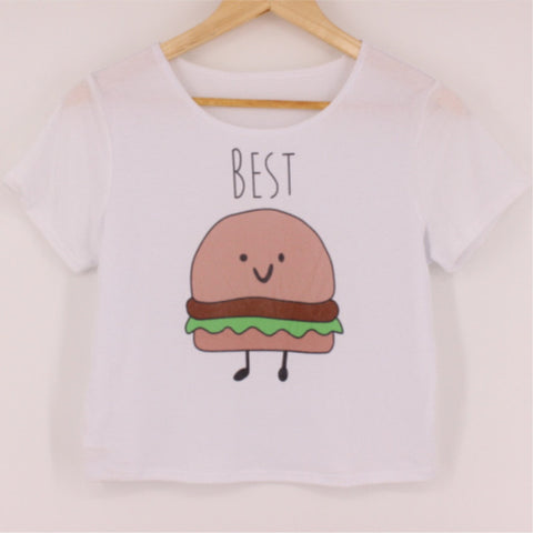 EAST KNITTING H469 Women Pizza Letters Print T shirt  Cake Crop Tops Short Sleeve Shirts Casual Tops