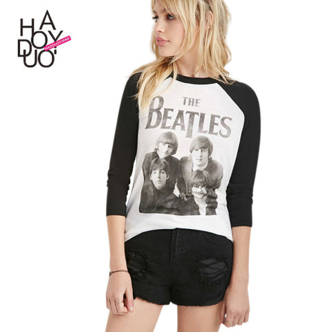 EAST KNITTING H513  2017 Western Style Fashion Print Beatles Long Sleeve Patchwork Woman's Casual T-shirt