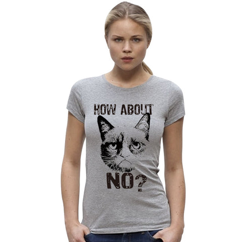 EAST KNITTING H678 2017 Casual Summer Harajuku Women T Shirt Grumpy Cat How About No? Printed Funny Sexy Gray T-shirt Plus Szie