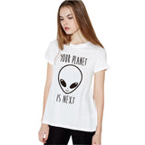 EAST KNITTING New Women T shirt Alien Print Funny Casual Loose Shirt For Lady White Black Grey Top Tees