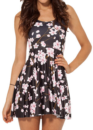 Cherry Blossom Black REVERSIBLE SKATER DRESS 2017 Women Summer Dress Cartoon Pleated Dress casual