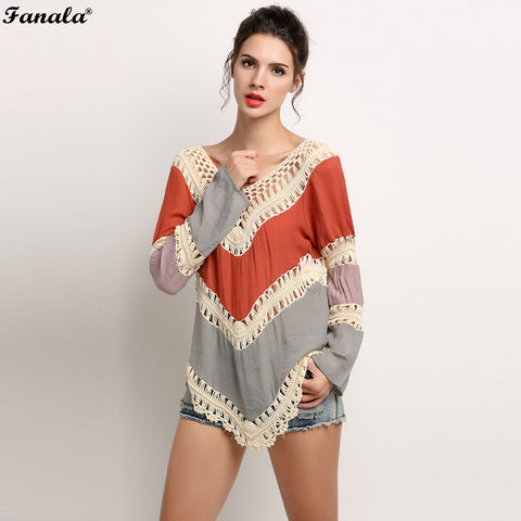 Spring Casual Loose Women Blouse Tops  V-Neck Long Sleeve Knit Splice Hollow Out Blouse Natural Irregular Hem Red Blue 2017 m23