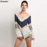 Spring Casual Loose Women Blouse Tops  V-Neck Long Sleeve Knit Splice Hollow Out Blouse Natural Irregular Hem Red Blue 2017 m23