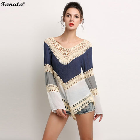 Spring Casual Loose Women Blouse Tops  V-Neck Long Sleeve Knit Splice Hollow Out Blouse Natural Irregular Hem Red Blue 2017 m23