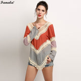 Spring Casual Loose Women Blouse Tops  V-Neck Long Sleeve Knit Splice Hollow Out Blouse Natural Irregular Hem Red Blue 2017 m23