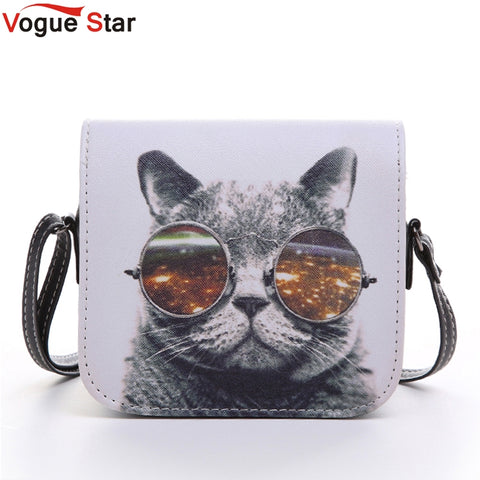 Vogue Star ! Bolsos Carteras Mujer Marca Women PU Leather Cat Wearing Glasses Print Messenger Handbag 2015 Women Bag YA40-207