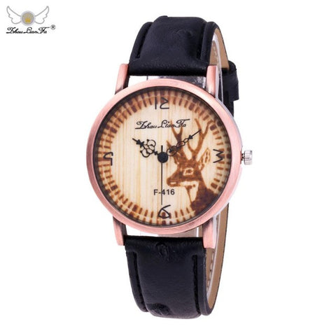 Fashion Women Watches Sika deer Partten Leather Band Analog Quartz Round Wrist Watch relogio feminino relojes hombre 2017
