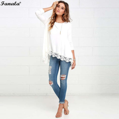 FANALA 2017 Women Lace T Shirt Casual Spring Autumn Long Sleeve Women Top O Neck Solid Loose Pullover Female T-shirt Feminina