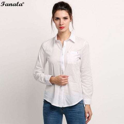 2017 White Shirt Summer Style Women Work Wear Long-Sleeve Slim Women Tops Blouses Sexy Turn Down Collar Cotton Basic Shirts