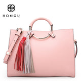 HONGU Genuine Leather Women Handbag Fashion Panelled Tassels Metal Ring Loop Handle Bag Female Shoulder Bags Lady Bolso Totes