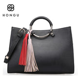 HONGU Genuine Leather Women Handbag Fashion Panelled Tassels Metal Ring Loop Handle Bag Female Shoulder Bags Lady Bolso Totes