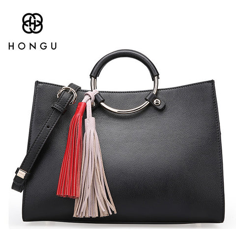 HONGU Genuine Leather Women Handbag Fashion Panelled Tassels Metal Ring Loop Handle Bag Female Shoulder Bags Lady Bolso Totes