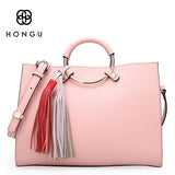HONGU Genuine Leather Women Handbag Fashion Panelled Tassels Metal Ring Loop Handle Bag Female Shoulder Bags Lady Bolso Totes