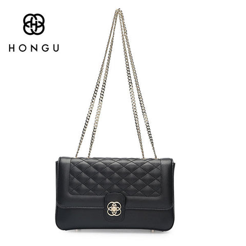 HONGU Women Shoulder Bag Genuine Cow Leather Female Messenger Crossbody Bags Fashion Diamond Lattice Chain Flap Hand Bag bolsos