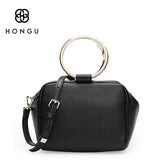 HONGU Boston Bag Genuine Cow Leather Women's Handbags Fashion Zipper Metal Ring Loop Women Handbag Shoulder Crossbody Bags Bolso