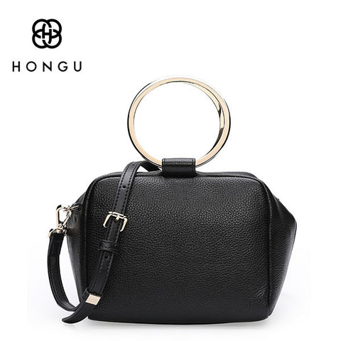 HONGU Boston Bag Genuine Cow Leather Women's Handbags Fashion Zipper Metal Ring Loop Women Handbag Shoulder Crossbody Bags Bolso