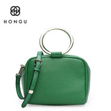 HONGU Boston Bag Genuine Cow Leather Women's Handbags Fashion Zipper Metal Ring Loop Women Handbag Shoulder Crossbody Bags Bolso