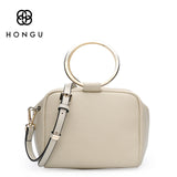 HONGU Boston Bag Genuine Cow Leather Women's Handbags Fashion Zipper Metal Ring Loop Women Handbag Shoulder Crossbody Bags Bolso