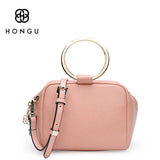 HONGU Boston Bag Genuine Cow Leather Women's Handbags Fashion Zipper Metal Ring Loop Women Handbag Shoulder Crossbody Bags Bolso