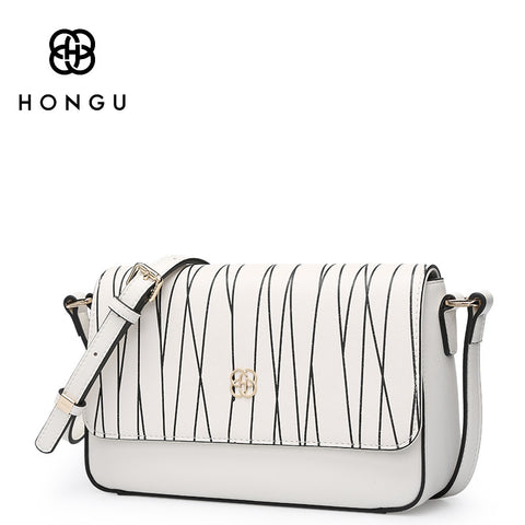 HONGU Women's bags Fashion Simple Black White Striped Women Messenger Shoulder Crossbody Bag Female Genuine Leather Flap Bolsos