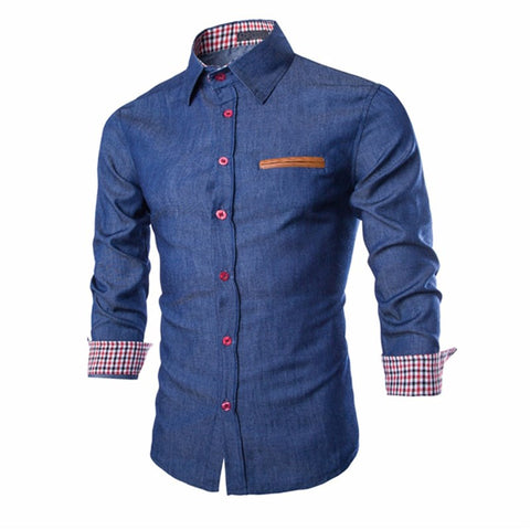 Men Denim Shirt New 2017 Autumn Fashion Lapel Neck Slim Fit Patchwork Mens Casual Shirt Cotton Long Sleeve Dress Camisa Hombre