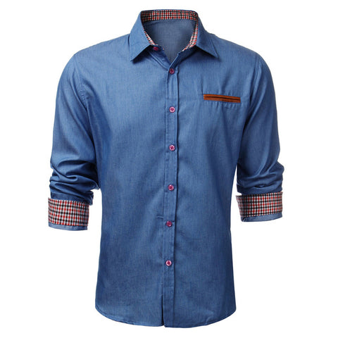 Men Denim Shirt New 2017 Autumn Fashion Lapel Neck Slim Fit Patchwork Mens Casual Shirt Cotton Long Sleeve Dress Camisa Hombre