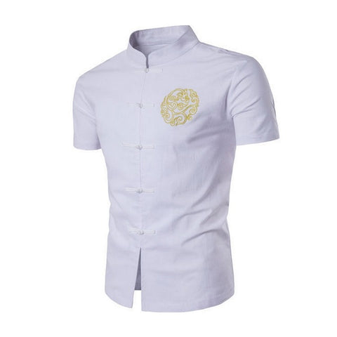 Chinese Style Cotton Men Shirts Embroidered Casual Male Shirt Slim Fit Mens Formal Shirts Short Sleeve White Black Camisa Hombre