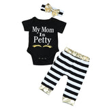 "My Mom is Petty" Newborn Infant Baby Girls Clothes Short Sleeve Romper Striped Pants and Bowknot Headwear 3PCS Outfit Clothing