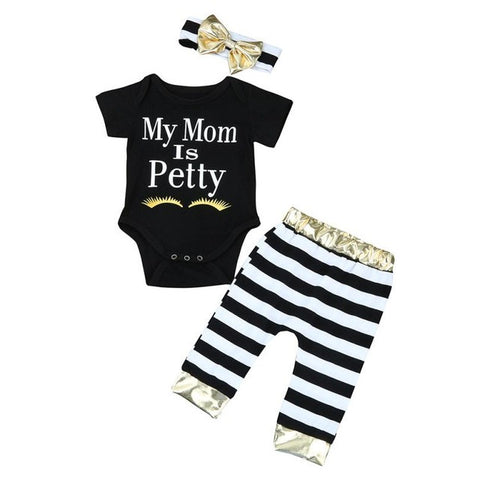 "My Mom is Petty" Newborn Infant Baby Girls Clothes Short Sleeve Romper Striped Pants and Bowknot Headwear 3PCS Outfit Clothing
