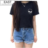 EAST KNITTING New Women T shirt Alien Print Funny Casual Loose Shirt For Lady White Black Grey Top Tees