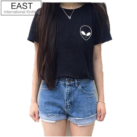 EAST KNITTING New Women T shirt Alien Print Funny Casual Loose Shirt For Lady White Black Grey Top Tees