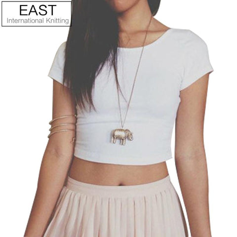 EAST KNITTING White Grey Black Women T-shirt Summer Style Crop Top Fashion Casual Basic Tops